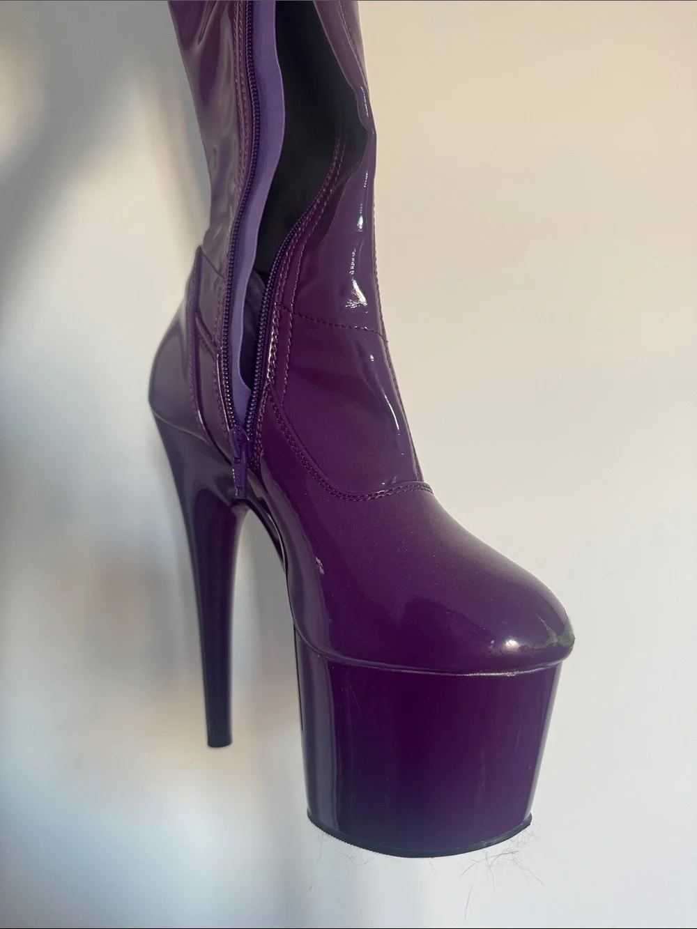 Pleaser Purple Patent Over-the-Knee Platform Stiletto Boots